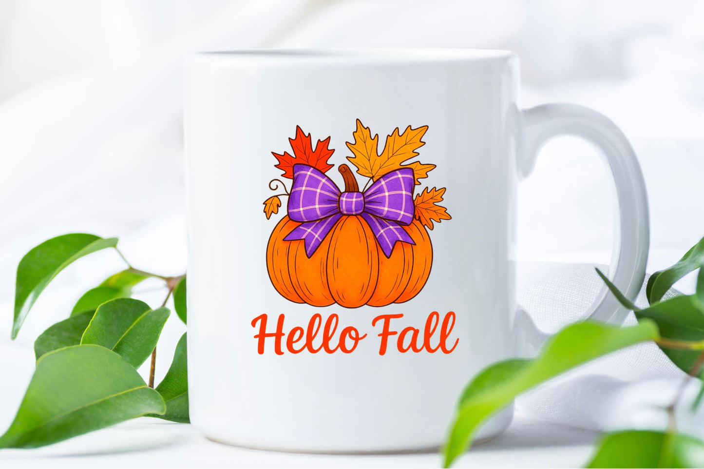 Hello Fall PNG | Pumpkin Clipart with Bow | Autumn Tumbler Sublimation, Fall Shirt Design, Thanksgiving Mug Printable, 300 DPI Digital Dow