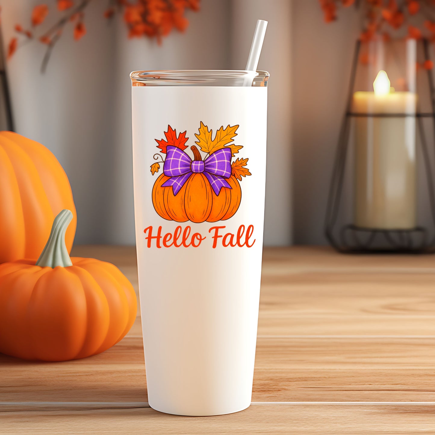 Hello Fall PNG | Pumpkin Clipart with Bow | Autumn Tumbler Sublimation, Fall Shirt Design, Thanksgiving Mug Printable, 300 DPI Digital Dow
