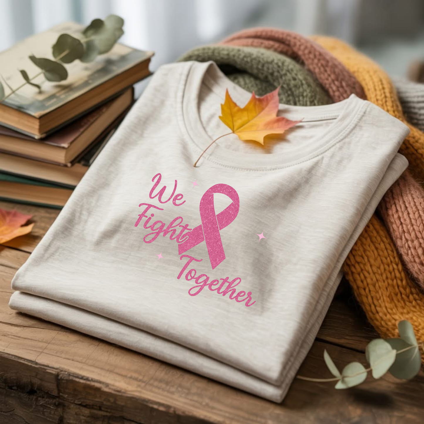 Pink Glitter Breast Cancer Awareness Bundle – “We Fight Together”, “Faith Hope Strength”, “ 2 Support Love Fight”, and “Together We Win” Inspirational Quotes PNG Set