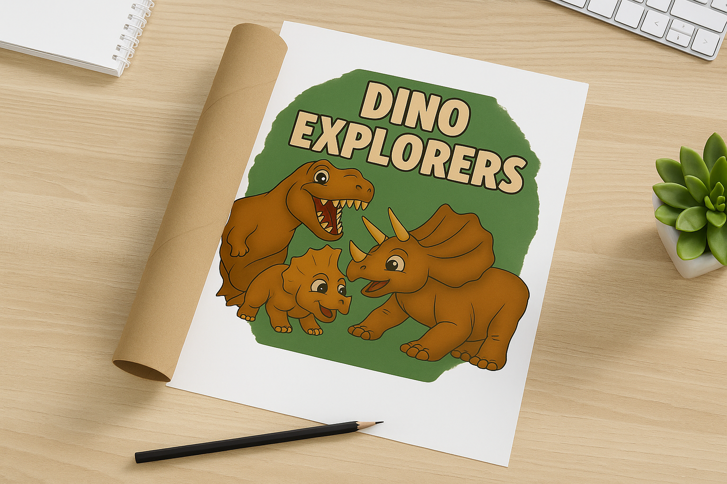 Dino Explorers Rolled Poster – Cute Cartoon Dinosaur Family Wall Art for Kids’ Rooms